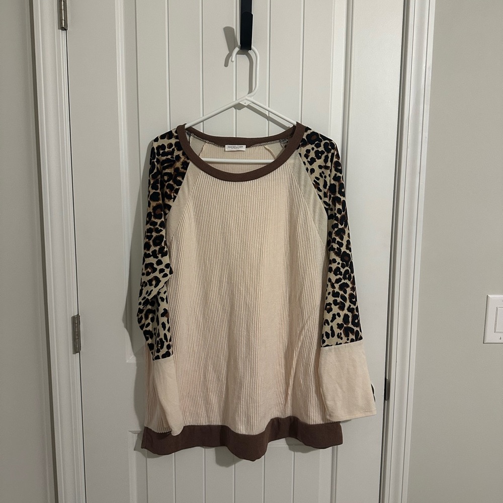 Chic Soul Cream and Brown Leopard Sleeve Top